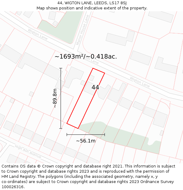 44, WIGTON LANE, LEEDS, LS17 8SJ: Plot and title map