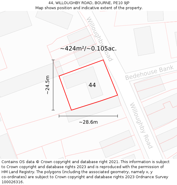 44, WILLOUGHBY ROAD, BOURNE, PE10 9JP: Plot and title map