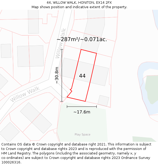 44, WILLOW WALK, HONITON, EX14 2FX: Plot and title map