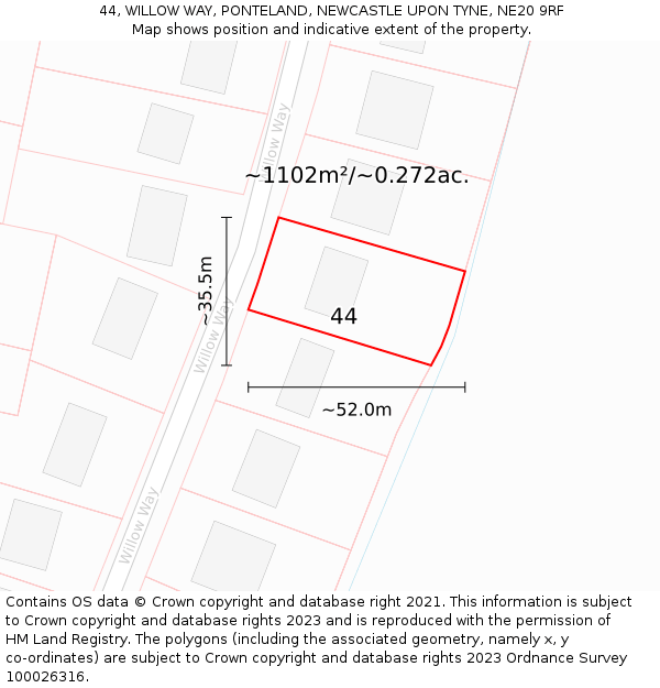 44, WILLOW WAY, PONTELAND, NEWCASTLE UPON TYNE, NE20 9RF: Plot and title map