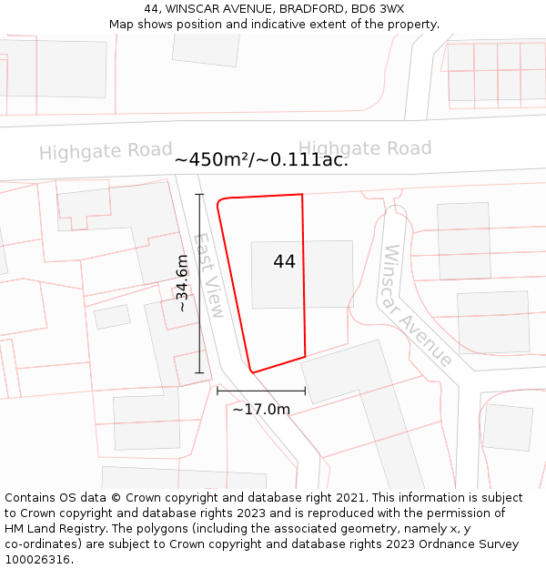 44, WINSCAR AVENUE, BRADFORD, BD6 3WX: Plot and title map