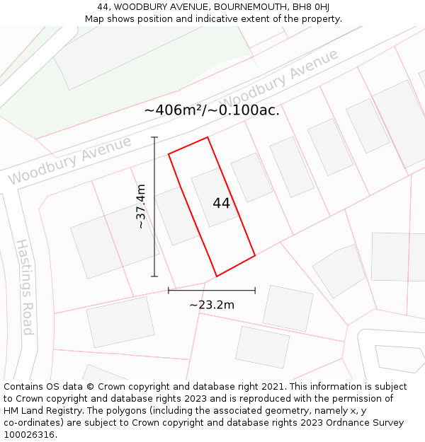 44, WOODBURY AVENUE, BOURNEMOUTH, BH8 0HJ: Plot and title map