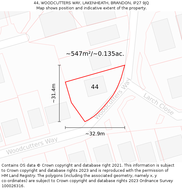 44, WOODCUTTERS WAY, LAKENHEATH, BRANDON, IP27 9JQ: Plot and title map