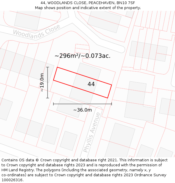 44, WOODLANDS CLOSE, PEACEHAVEN, BN10 7SF: Plot and title map