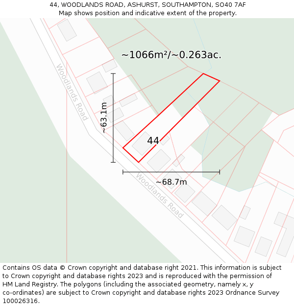 44, WOODLANDS ROAD, ASHURST, SOUTHAMPTON, SO40 7AF: Plot and title map