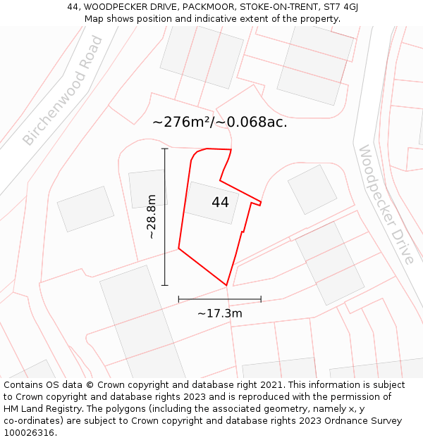 44, WOODPECKER DRIVE, PACKMOOR, STOKE-ON-TRENT, ST7 4GJ: Plot and title map