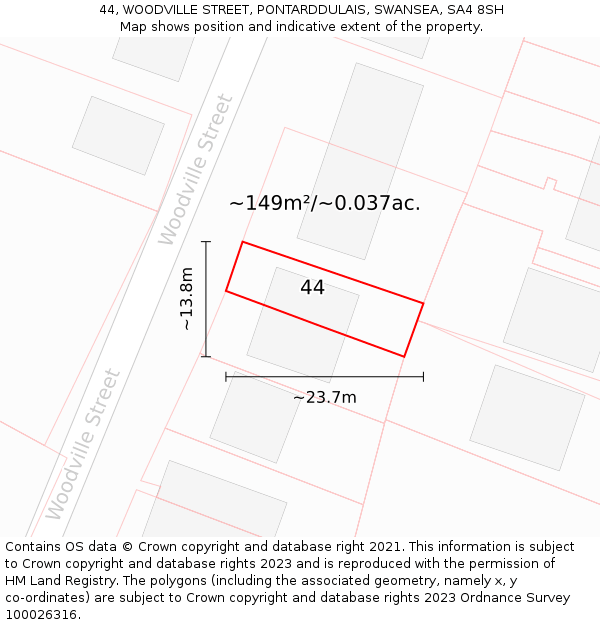 44, WOODVILLE STREET, PONTARDDULAIS, SWANSEA, SA4 8SH: Plot and title map