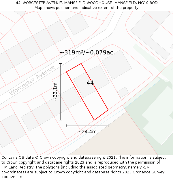 44, WORCESTER AVENUE, MANSFIELD WOODHOUSE, MANSFIELD, NG19 8QD: Plot and title map