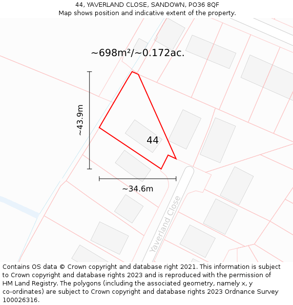 44, YAVERLAND CLOSE, SANDOWN, PO36 8QF: Plot and title map