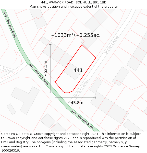 441, WARWICK ROAD, SOLIHULL, B91 1BD: Plot and title map