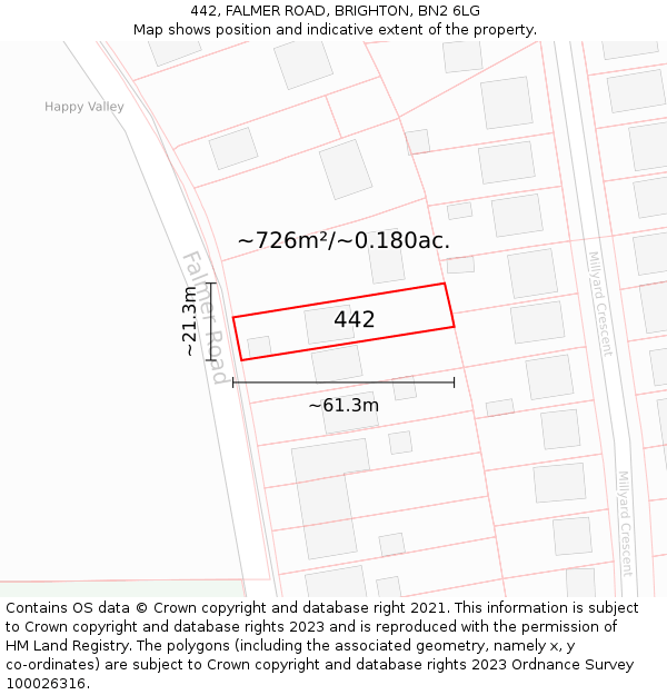 442, FALMER ROAD, BRIGHTON, BN2 6LG: Plot and title map