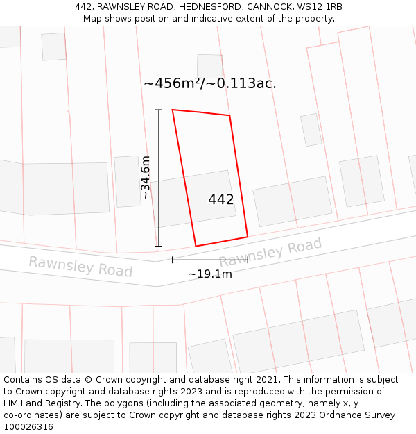 442, RAWNSLEY ROAD, HEDNESFORD, CANNOCK, WS12 1RB: Plot and title map