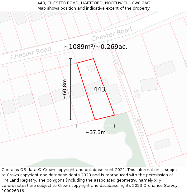 443, CHESTER ROAD, HARTFORD, NORTHWICH, CW8 2AG: Plot and title map