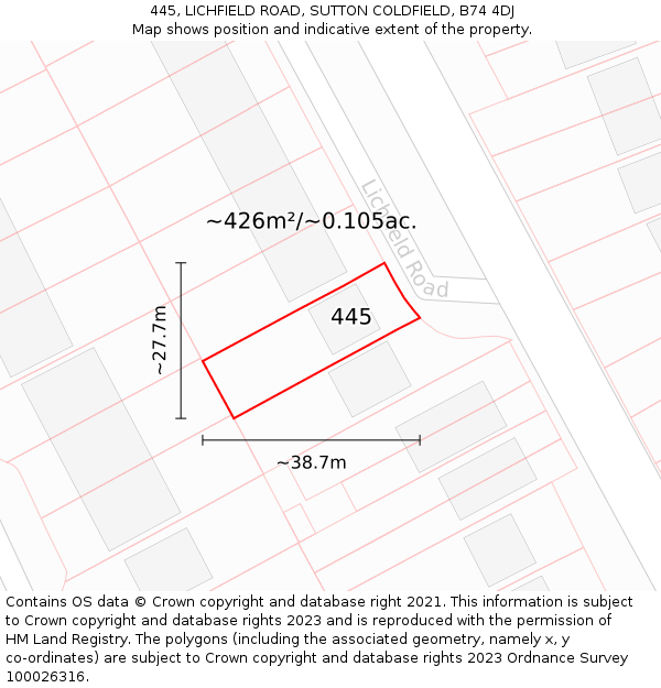 445, LICHFIELD ROAD, SUTTON COLDFIELD, B74 4DJ: Plot and title map