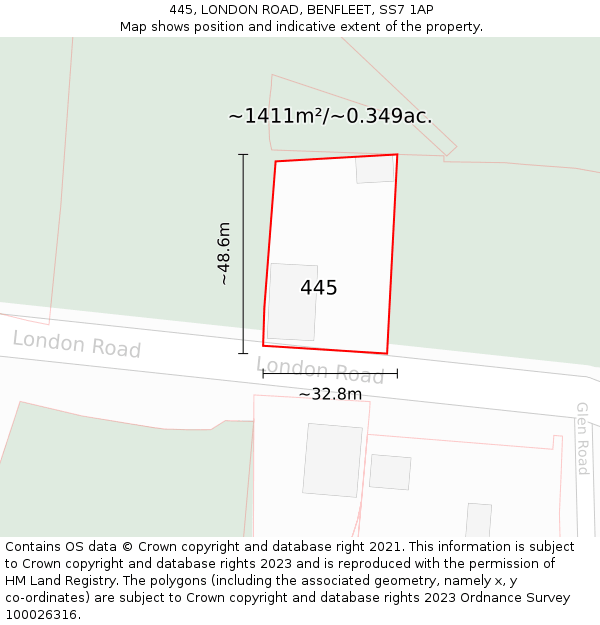 445, LONDON ROAD, BENFLEET, SS7 1AP: Plot and title map