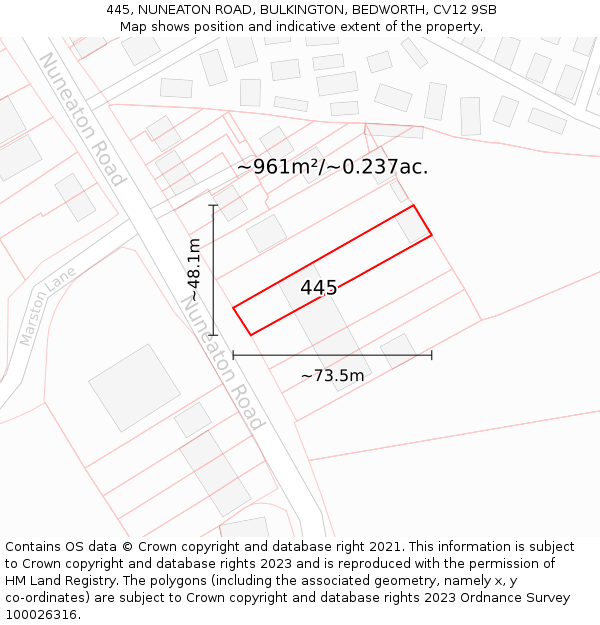 445, NUNEATON ROAD, BULKINGTON, BEDWORTH, CV12 9SB: Plot and title map