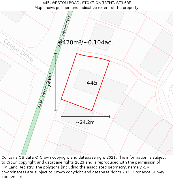 445, WESTON ROAD, STOKE-ON-TRENT, ST3 6RE: Plot and title map