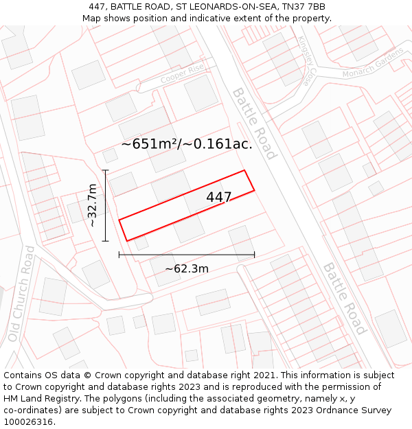 447, BATTLE ROAD, ST LEONARDS-ON-SEA, TN37 7BB: Plot and title map