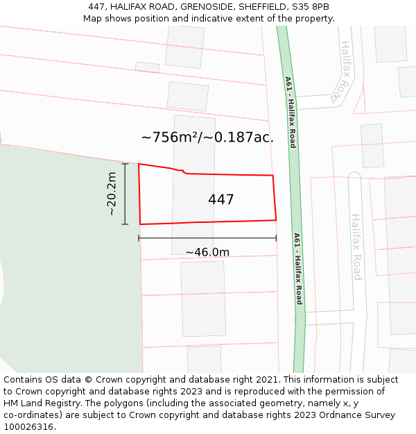 447, HALIFAX ROAD, GRENOSIDE, SHEFFIELD, S35 8PB: Plot and title map