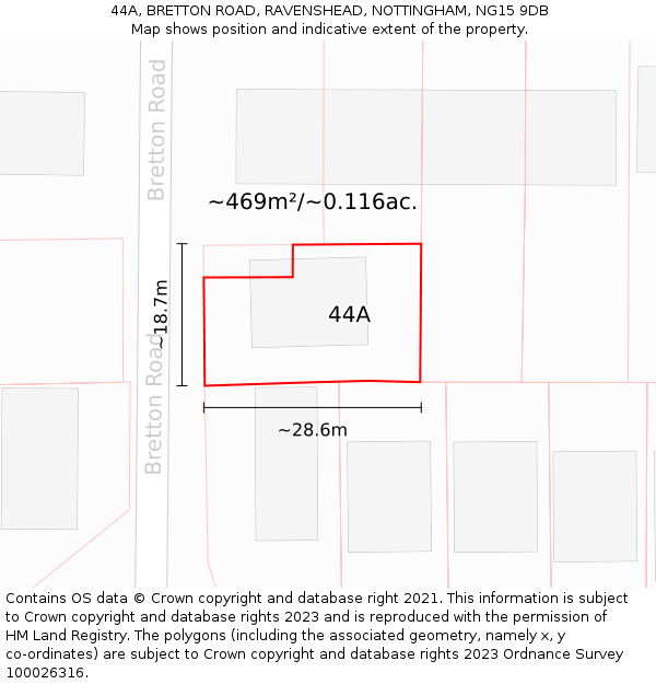 44A, BRETTON ROAD, RAVENSHEAD, NOTTINGHAM, NG15 9DB: Plot and title map