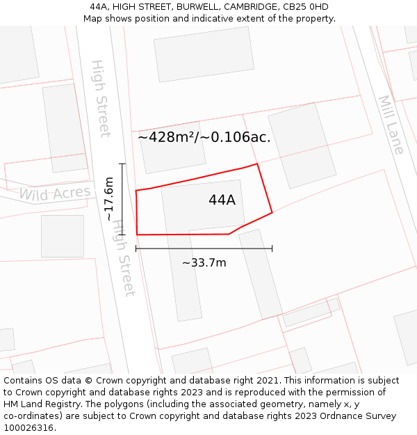 44A, HIGH STREET, BURWELL, CAMBRIDGE, CB25 0HD: Plot and title map