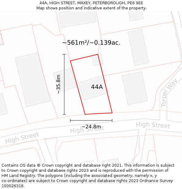 44A, HIGH STREET, MAXEY, PETERBOROUGH, PE6 9EE: Plot and title map