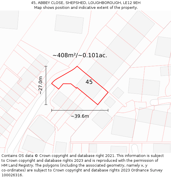 45, ABBEY CLOSE, SHEPSHED, LOUGHBOROUGH, LE12 9EH: Plot and title map