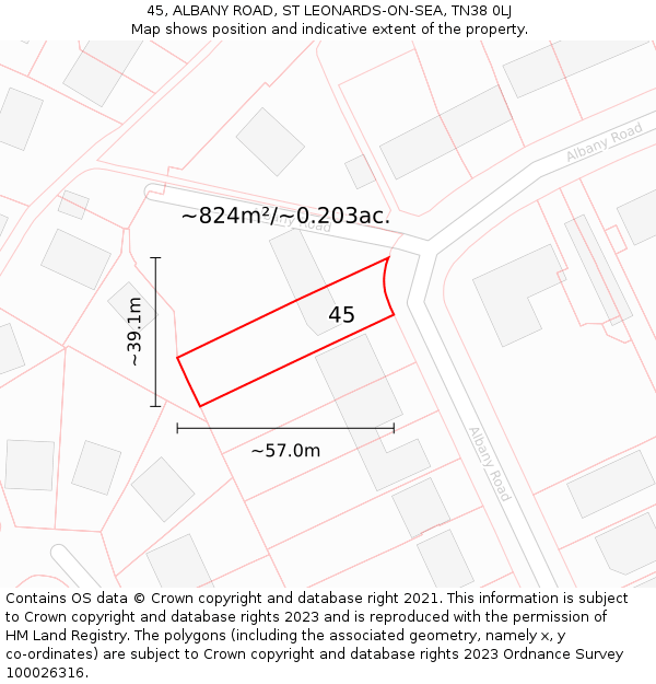 45, ALBANY ROAD, ST LEONARDS-ON-SEA, TN38 0LJ: Plot and title map