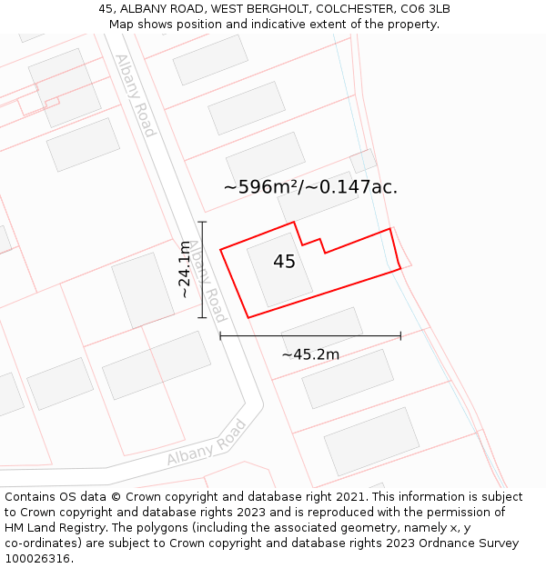 45, ALBANY ROAD, WEST BERGHOLT, COLCHESTER, CO6 3LB: Plot and title map