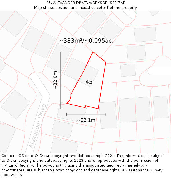 45, ALEXANDER DRIVE, WORKSOP, S81 7NP: Plot and title map