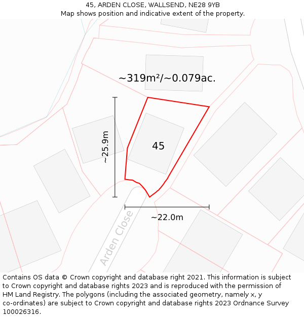 45, ARDEN CLOSE, WALLSEND, NE28 9YB: Plot and title map