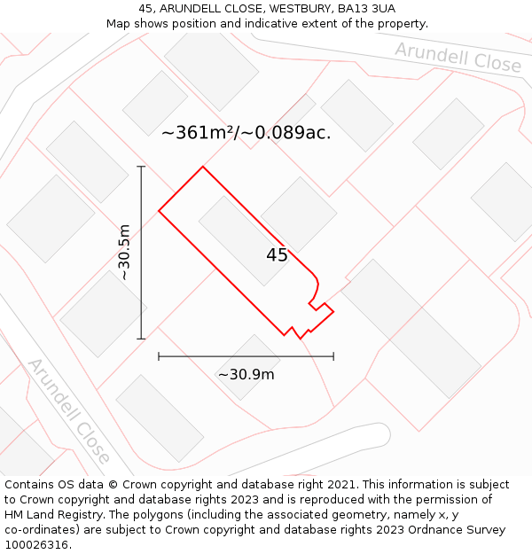 45, ARUNDELL CLOSE, WESTBURY, BA13 3UA: Plot and title map