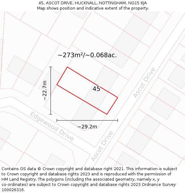 45, ASCOT DRIVE, HUCKNALL, NOTTINGHAM, NG15 6JA: Plot and title map