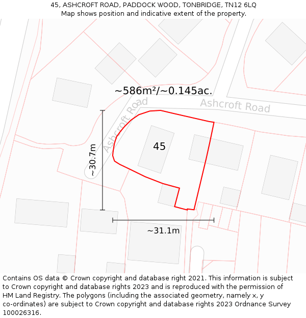 45, ASHCROFT ROAD, PADDOCK WOOD, TONBRIDGE, TN12 6LQ: Plot and title map