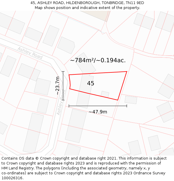 45, ASHLEY ROAD, HILDENBOROUGH, TONBRIDGE, TN11 9ED: Plot and title map