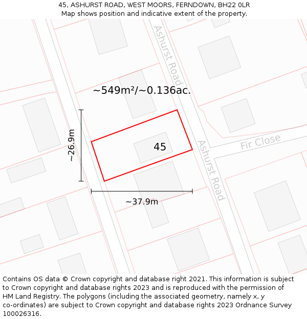 45, ASHURST ROAD, WEST MOORS, FERNDOWN, BH22 0LR: Plot and title map