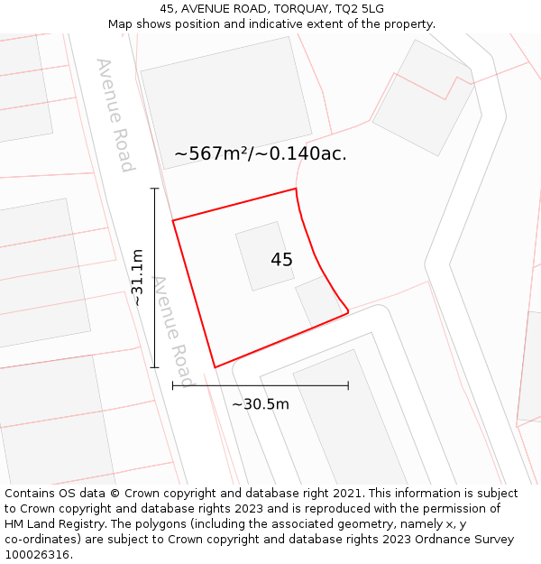 45, AVENUE ROAD, TORQUAY, TQ2 5LG: Plot and title map