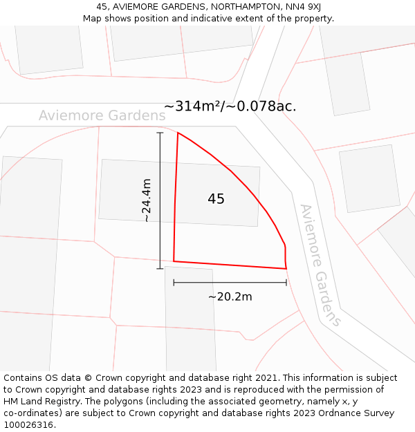 45, AVIEMORE GARDENS, NORTHAMPTON, NN4 9XJ: Plot and title map