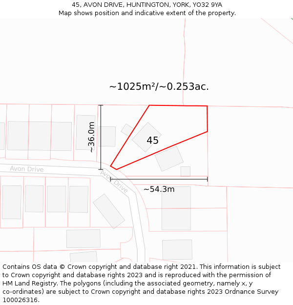 45, AVON DRIVE, HUNTINGTON, YORK, YO32 9YA: Plot and title map