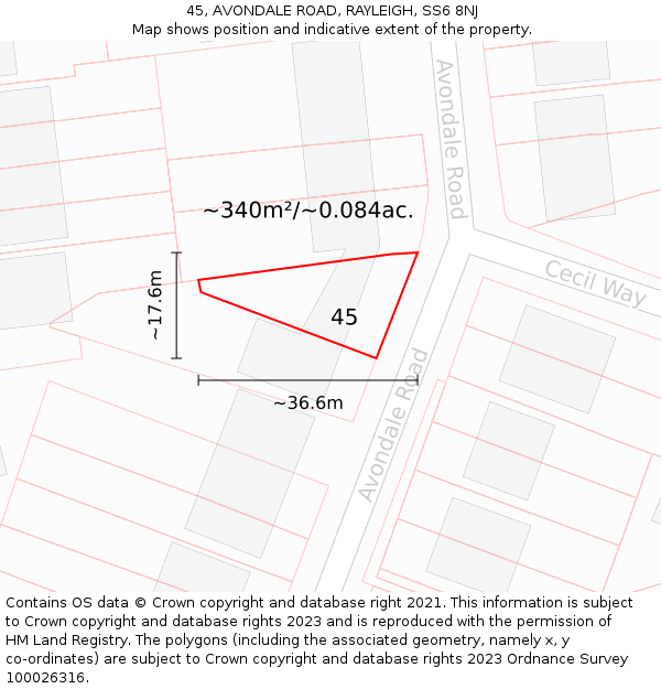 45, AVONDALE ROAD, RAYLEIGH, SS6 8NJ: Plot and title map