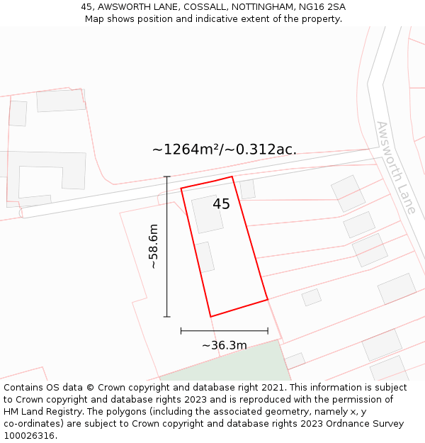 45, AWSWORTH LANE, COSSALL, NOTTINGHAM, NG16 2SA: Plot and title map