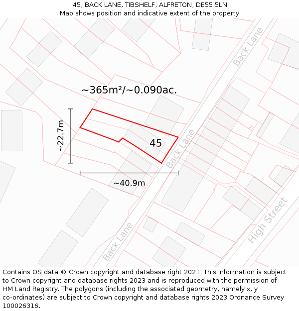 45, BACK LANE, TIBSHELF, ALFRETON, DE55 5LN: Plot and title map