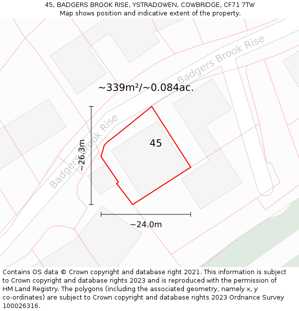 45, BADGERS BROOK RISE, YSTRADOWEN, COWBRIDGE, CF71 7TW: Plot and title map