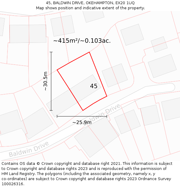 45, BALDWIN DRIVE, OKEHAMPTON, EX20 1UQ: Plot and title map