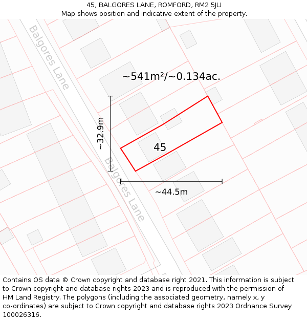 45, BALGORES LANE, ROMFORD, RM2 5JU: Plot and title map