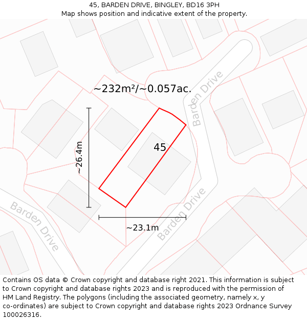 45, BARDEN DRIVE, BINGLEY, BD16 3PH: Plot and title map