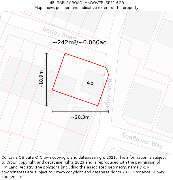 45, BARLEY ROAD, ANDOVER, SP11 6GB: Plot and title map