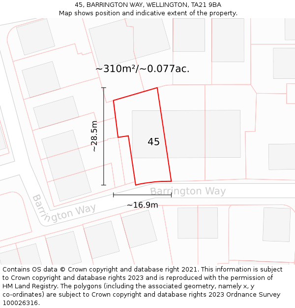 45, BARRINGTON WAY, WELLINGTON, TA21 9BA: Plot and title map