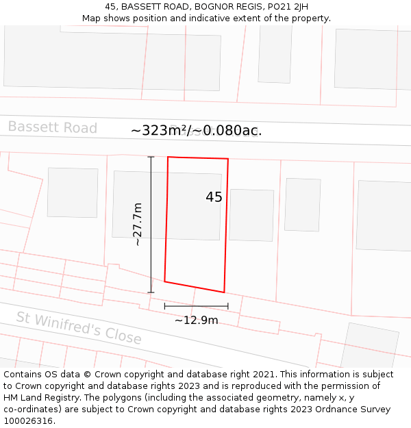 45, BASSETT ROAD, BOGNOR REGIS, PO21 2JH: Plot and title map