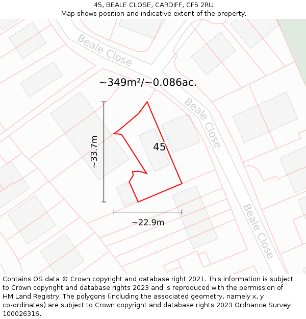 45, BEALE CLOSE, CARDIFF, CF5 2RU: Plot and title map